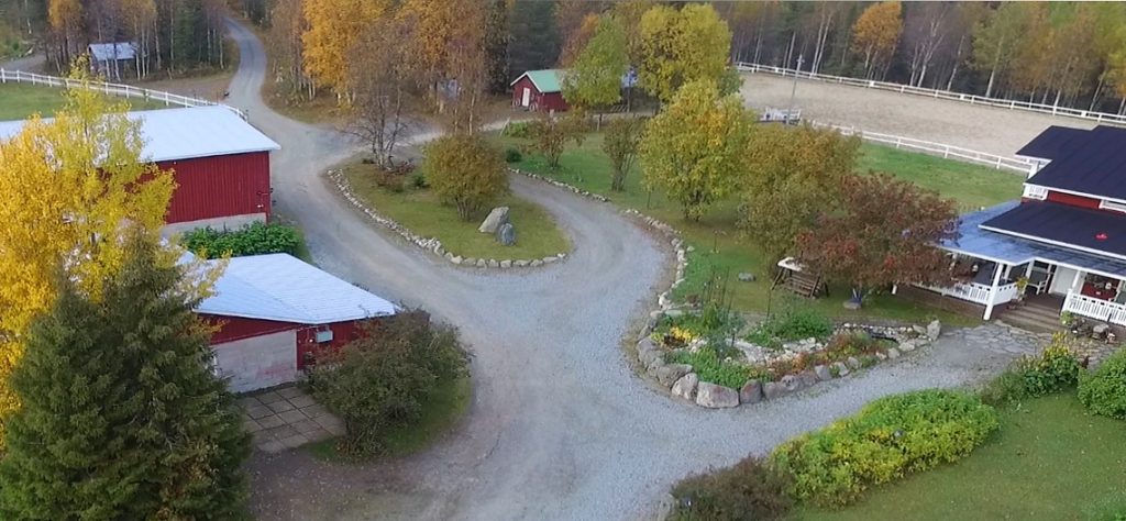 Ronivaaran pihapiiri, rakennuksia ja ratsastusalueita ylhäältä kuvattuna.
