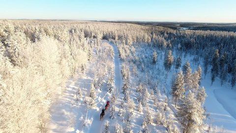 Maastoratsastusta suomenhevosilla Ruska Laukan tallilla lintuperspektiivistä katsottuna Ruka-Kuusamossa
