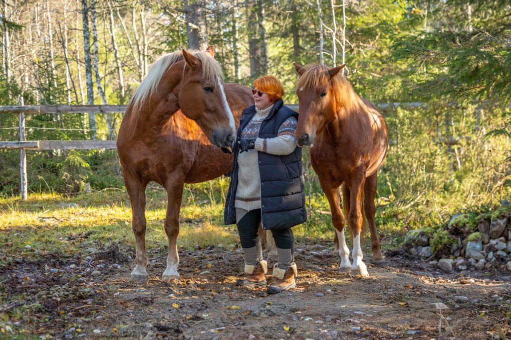 Sanna Kallunki seisoo kahden hevosen välissä Ronivaaran tarhassa.